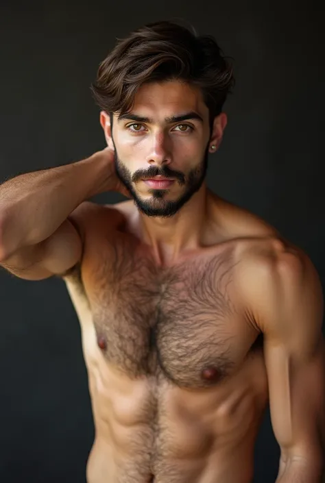  Realistic photo of a 20-year-old boy , with beard, shirtless, very hairy chest,  very muscular,  showing his hairy armpits with his arm behind the back of his neck, sexy,  looking at the spectator,  brown eyes and short straight brown hair , pierced left ...