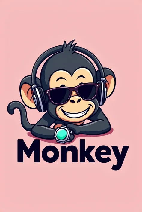 logo of a cartoon of the face of a monkey with sunglasses listening to music watching his smartwatch, with a pastel pink background with a title that says TECH MONKEY