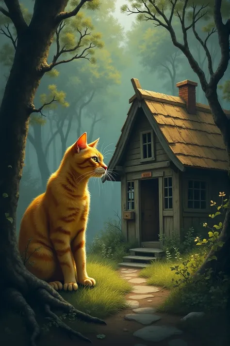 an ultra-realistic full-length image of one a yellow cat and a one forest house facing each other, The detailed and realistic fur while the simple detail-oriented house The background is a dense and shadowy forest, creating an atmosphere of dramatic and in...