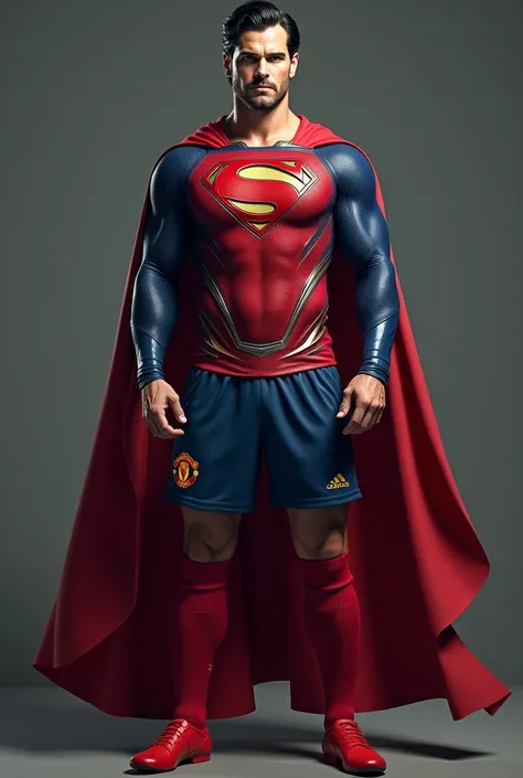 Henry cavil superman in football jersey.full body.red boots. Fc Manchester United jersey.