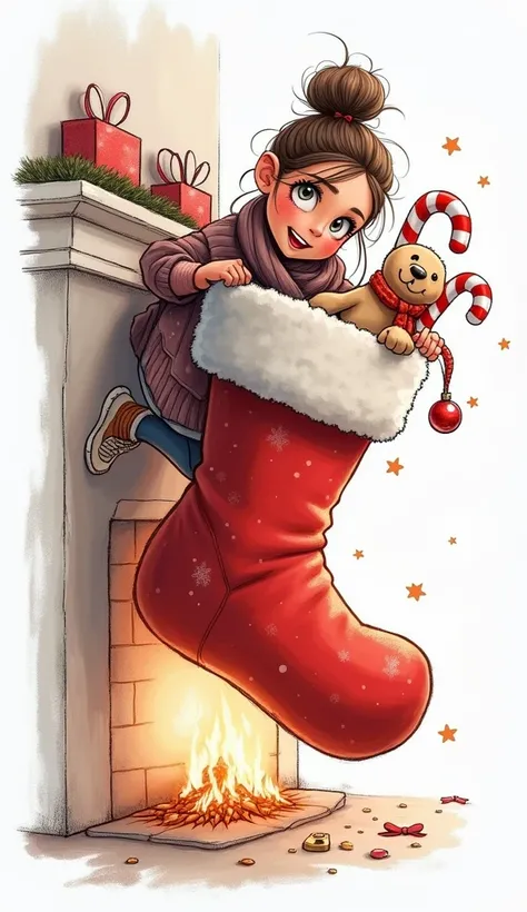  ((ultra ARTISTIC sketch)), (artistic sketch art) A curious  with a messy bun and wide, sparkling eyes is perched on her tiptoes, reaching into a giant Christmas stocking hanging from the mantle. The stocking is hilariously overstuffed, with candy canes, r...