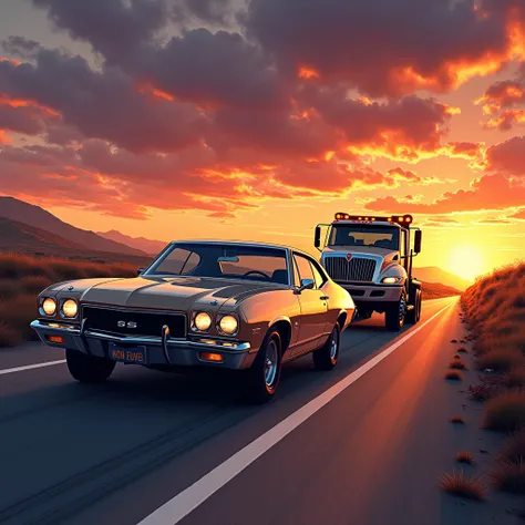 A detailed and realistic illustration of a car parked on the roadside, attached to a tow rope being pulled by a tow truck. The car is shown in the foreground with precise details, emphasizing its position on the roadside. In the background, a beautiful sun...