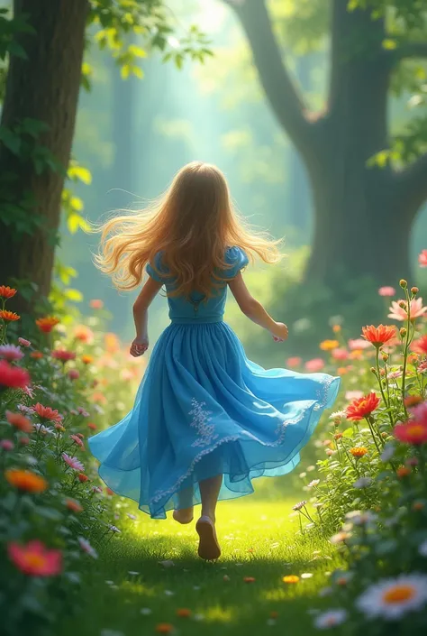 In a garden a girl is running picture would be from backside and the girl is wearing a blue cindrella long floor touchingdress 
