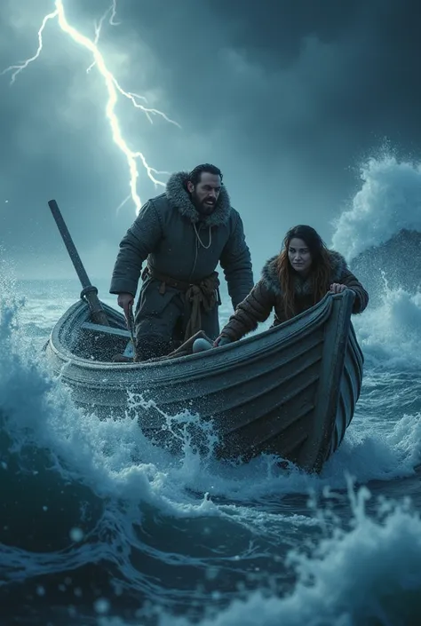 As both were trapped in a storm at sea, her father threw her into the water to save himself."
Sedna and her father, a rugged Inuit man, aboard a small wooden boat caught in a violent storm, ancient Arctic era, both in fur clothing, dark and stormy ocean wi...