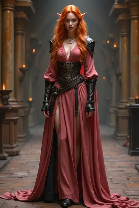 full body portrait of a female elf, rosé colored elegant sorceress robe, long orange wavy middle-parted hair, leather armor, shoulder pads and leather boots, leather pants, she is standing in a wizards hall