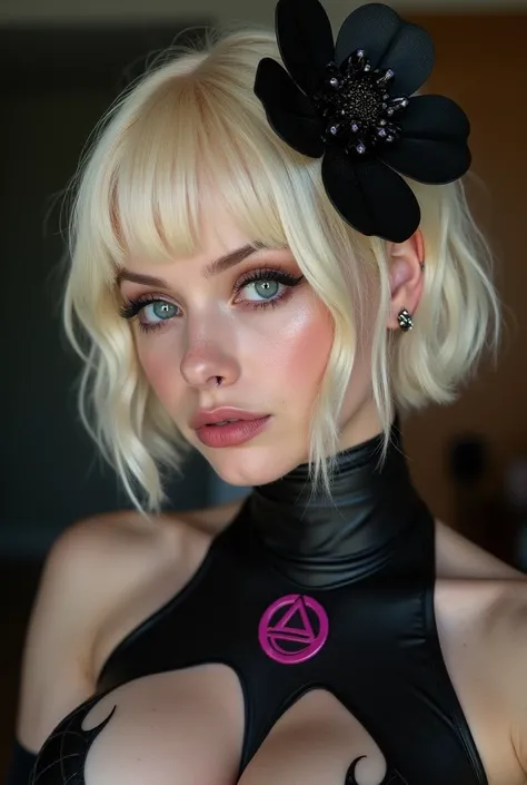 a short blond hair lady with a dark black flower on her head. Her eyes are light link, with a pink symbol on her head, with piercings on her ears. She is wearing a BDSM latex costume, that showcase her curves.