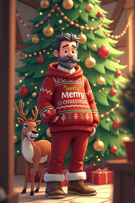 anime man, short black hair ,barba canosa, Christmas clothes ,  reindeer and Christmas tree 