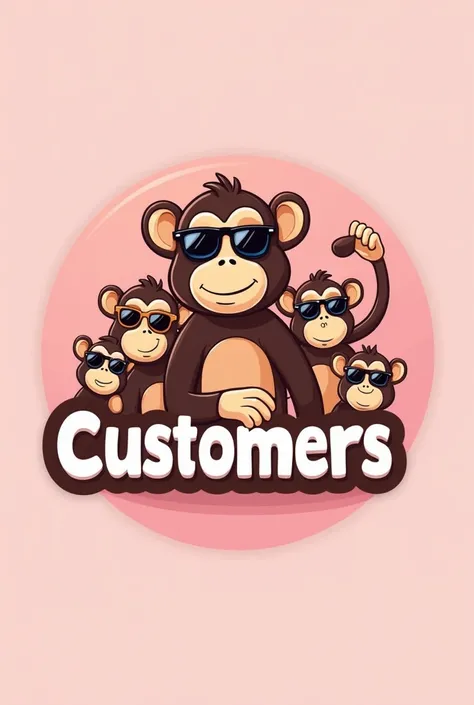 logo of a cartoon of a monkey wearing sunglasses with his friends and a pastel pink background that says below customers