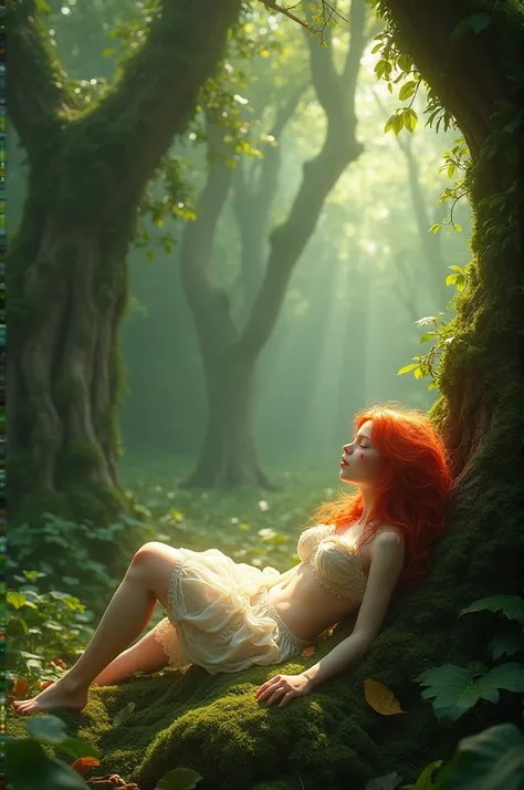 A fairy girl , bruised and fallen , red-haired,  in a big forest,  small breasts , white pele.