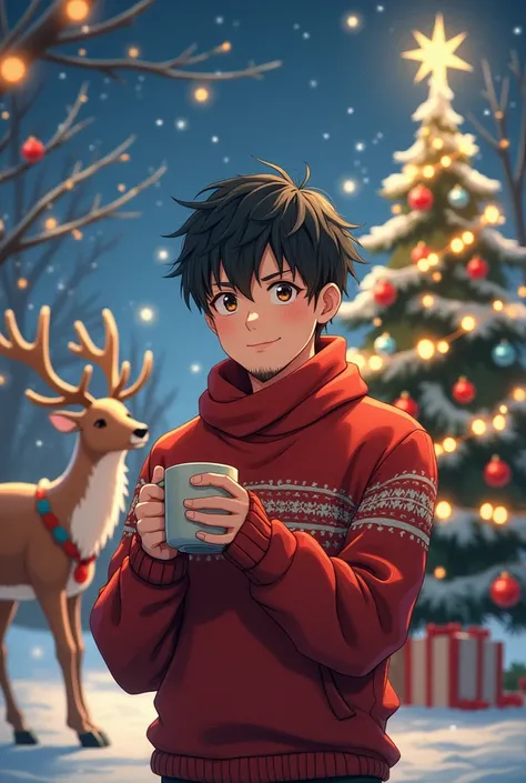  Young man anime , short black hair ,barba canosa, Christmas clothes ,  reindeer and Christmas tree 