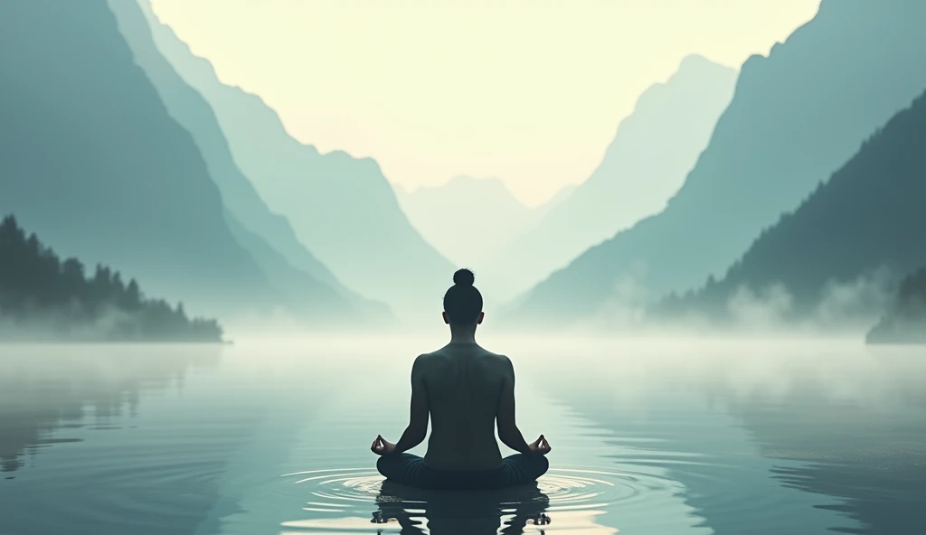 A calm and peaceful scene of a person sitting in front of a vast, tranquil landscape, such as a mountain range or a serene lake. The individual reflects thoughtfully, symbolizing the deep understanding of Wu-Wei and its impact on their life. The environmen...