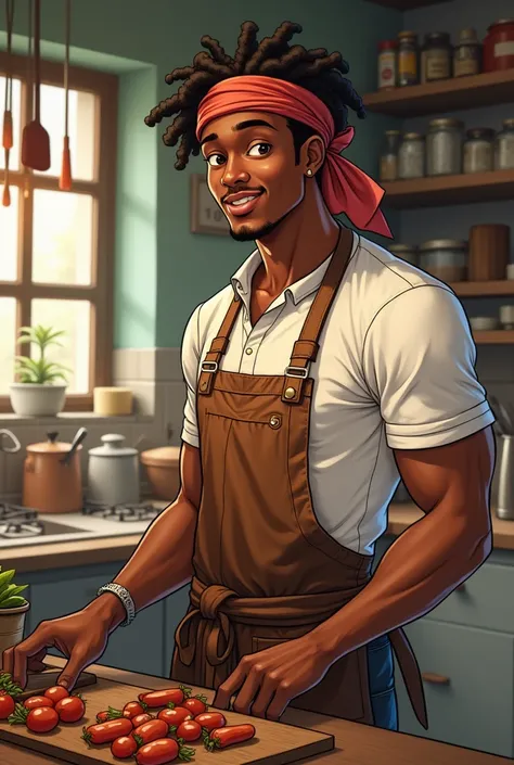 young black man, cook with a rustic apron and a headscarf, In anime traits in One Piece