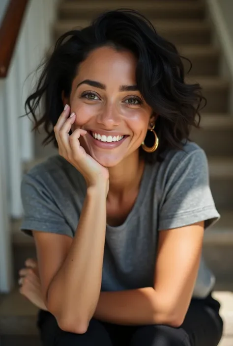 Generate a very realistic and natural photo of a 35-year-old Brazilian woman with very white skin, half chubby with short wavy hair, black, wears gold earrings,  is smiling showing her teeth  , light makeup wearing a gray shirt , Black pants sit on the liv...