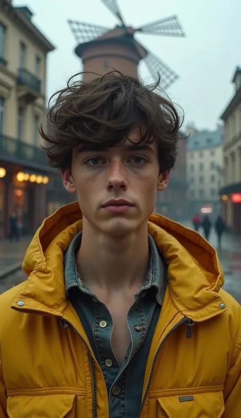 foto RAW,  a close up photo of a 16-year-old portrait in front of Moulin Rouge in Paris. . The 1. european  boy , Alone, realistic,shirt,jacket, cyberpunk,  messy hair,castanho jacket, yellow jacket,  in the background is ruins of the city , ( highly detai...