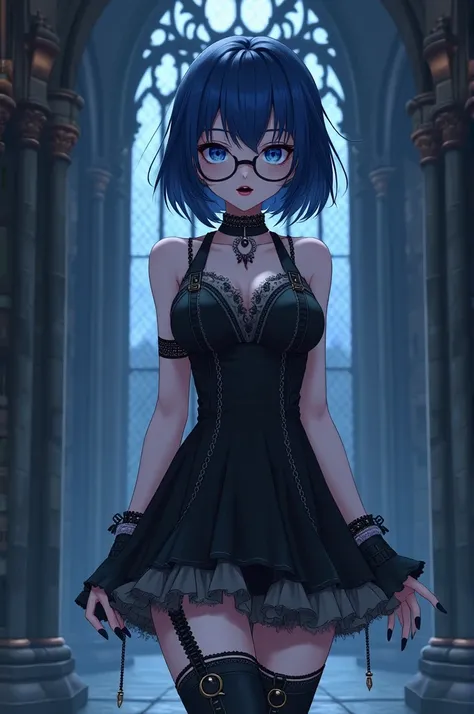 anime,  beautiful woman , Slim body, dark blue short hair ,  bright blue eyes ,  thick lips painted black ,  black gothic makeup , black nails,  short black dress with gray details with chain details,  mid-rise boots with high heels color black ,  black br...