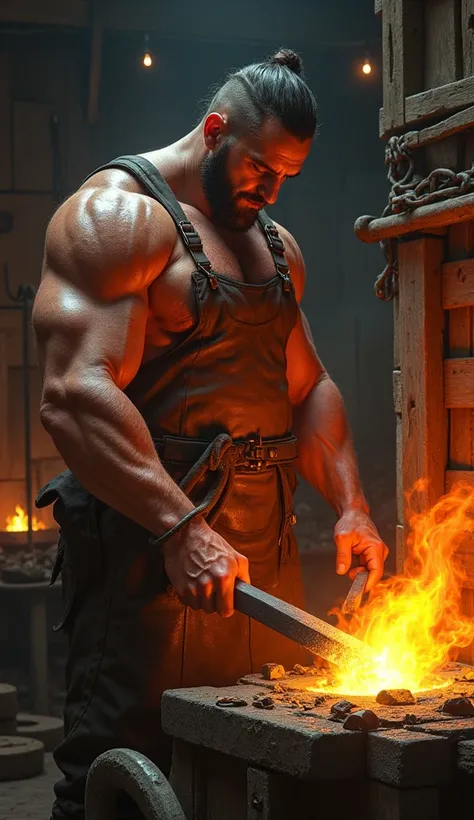  a blacksmith molding steel in a furnace with fire , He is a bodybuilder he is sweaty , wearing old leather apron ,  in the background wooden crate with iron chains on the wall and tools