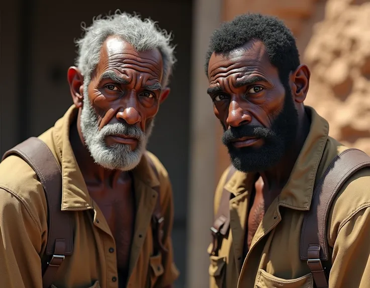  The image of two Characters from a desert setting,  Turn Front ,  2 Black men clothes of miners , scared face, poor clothes of miners from the 1920s,  an elderly person and a younger one , Two black-skinned men,  reporting an event in the mines , Witnesse...