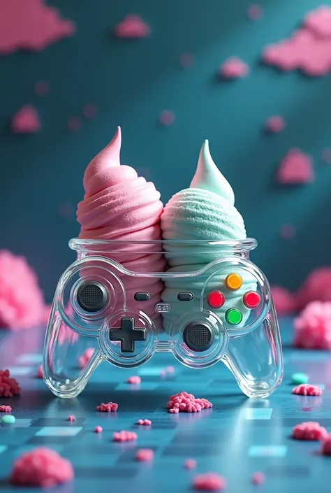  AN IMAGE OF A GLASS CUP WITH TWO ICE CREAM BALLS  , BUT WITH A VIDEO GAME THEME , MAKE THE CONTAINER LIKE A REMOTE CONTROL, I HOPE ONLY THE CONTAINER 