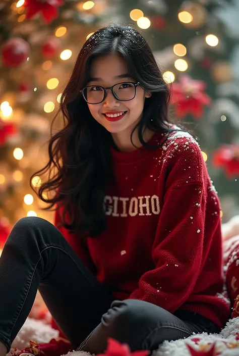 A photo of a realistic young Korean woman named Eny rusilowati dressed in a cozy dark red fluffy sweater with her name emblazoned on it. She pairs this warm attire with black jeans and red tennis shoes. Her long, dark black hair flows in loose waves, frami...