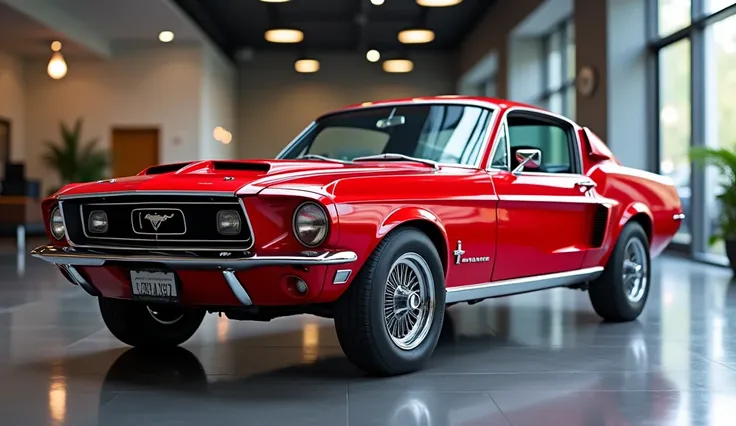  "A high-quality, detailed image of a [1967 Ford Mustang Boss 429], captured from the front view angle in a showroom setting. The car features a vibrant [pure red color], with unique design elements such as a bold grille, classic round headlights, and slee...