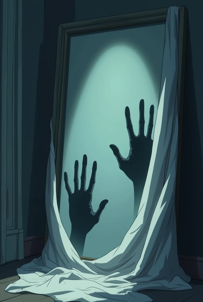 A chilling anime-style scene of a mirror with a white sheet partially draped over it, lying crumpled on the floor. The mirror glass reveals eerie handprints, as if pressed from the inside. The morning light filters weakly into the room, adding a contrast b...