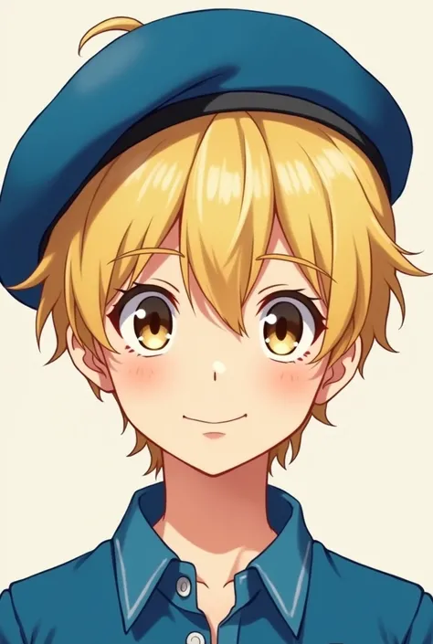 The face of a blond haired anime boy wearing a blue beret with blue clothes