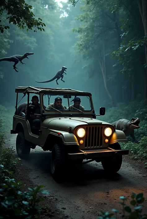 Jurrasic park workers getting attacked in there jeep by velociraptors at night. Dead worker to the right of the jeep. The jeep is the one from the 1993 movie. And the velociraptors are smaller. They hit a tree