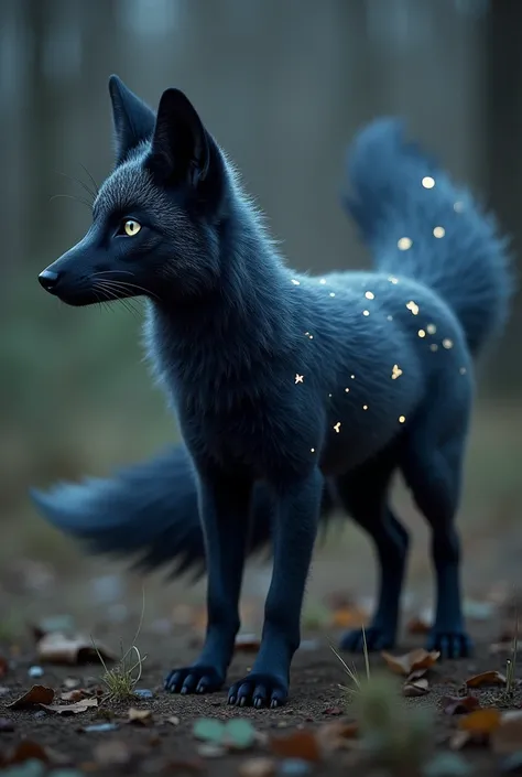  Umbrafox is a creature similar to a fox ,  but with an ethereal air .  Its body is black like charcoal ,  dotted with bright marks that resemble constellations.  Its eyes are two bright orbs ,  like miniature moons , and its tail (or tails ,  that can var...