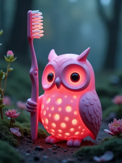 a pink owl toothbrush holder sitting next to a toothbrush, trending on kickstarter, magical forest, attached to wires. dark, highly detailed backmouth, zmonzheng, adorable appearance!!!, there is full bedpan next to him, glowing - thin - wires, walking in ...