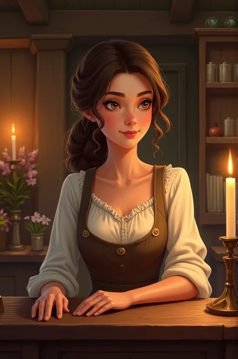 Create an image of a beautiful innkeeper with brown hair tied in a chinion and brown eyes 