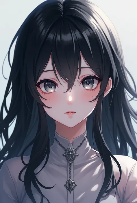 Anime girl with long black hair with gray eyes and a thousand