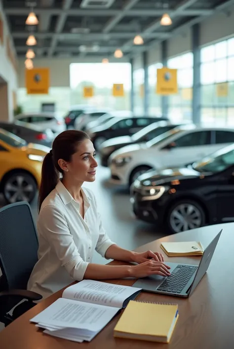 Renault car dealership. There are Renault Megane, Renault Scenic, Renault Kango in the hall, with a sign with the price in dollars next to each car, a sales managers table on the side, a lep top on the table, files with papers, a pen, and a notebook. A wom...