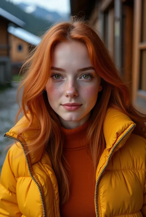 Une jeune et belle rousse naturelle, 16 ans, visage juvénile avec taches de rousseur, portant ses cheveux dénoués et ondulant, yeux réalistes ronds noisette, lèvres rouges, maquillage des yeux foncés avec eye-liner, portant une doudoune jaune d’or et des l...