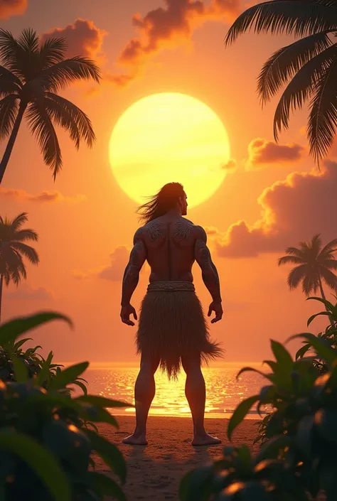 Maui captured the sun, forcing it to slow its journey and grant longer days for his people."
Maui, holding the sun tightly with his magical rope, mythical Polynesian era, glowing sun radiating golden light, tropical landscape with palm trees and distant oc...