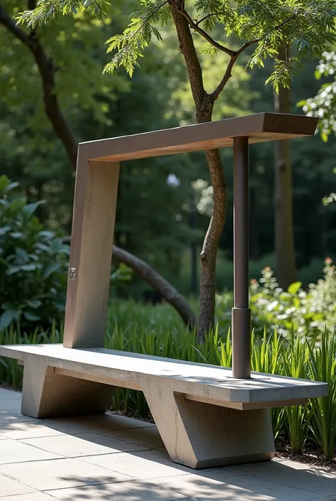 interesting structural design of an outdoor bench with a suitable outdoor lamp and a trash bin 