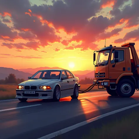 4K, DSLR  Canon A detailed and realistic illustration of a car parked on the roadside, attached to a tow rope being pulled by a tow truck. The car is shown in the foreground with precise details, emphasizing its position on the roadside. In the background,...