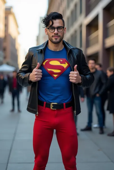 YOUNG AMERICAN MAN WITH MUSCULAR ATHLETIC BODY  (superboy)  MACHINE CUT HAIRSTYLE ON THE SIDES WITH WAVY STRAPS OF BLACK HAIR, BLACK GLASS GLASSES , SHORT BLACK LEATHER JACKET ,  BLUE T-SHIRT WITH THE SUPERMAN LOGO , BLACK BELT WITH GOLD BUCKLE ,  TIGHT RE...