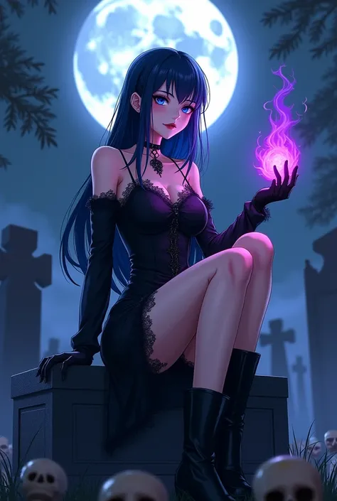 anime,  beautiful woman , Slim body, dark blue short hair ,  bright blue eyes , serious face,  dark shadow around her eyes, black makeup with purple , black gothic dress ,  sexy black gothic boots ,  sitting on a grave with her legs crossed,  in her right ...