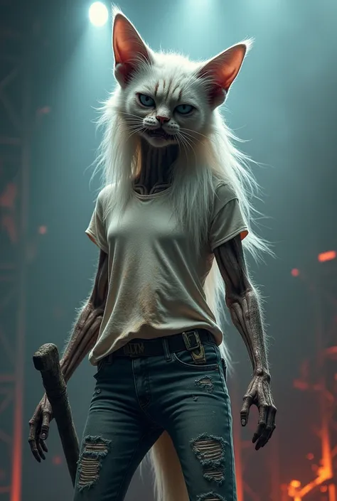 Gato Ed do Iron Maiden, gato Sphinks,  with white hair on the head ,  long and white hair only on the head , Zombie cat,  with the face of a dry zombie ,  with totally white eyes ,  the face of a skull with skin ,  with a dirty white short-sleeve t-shirt, ...