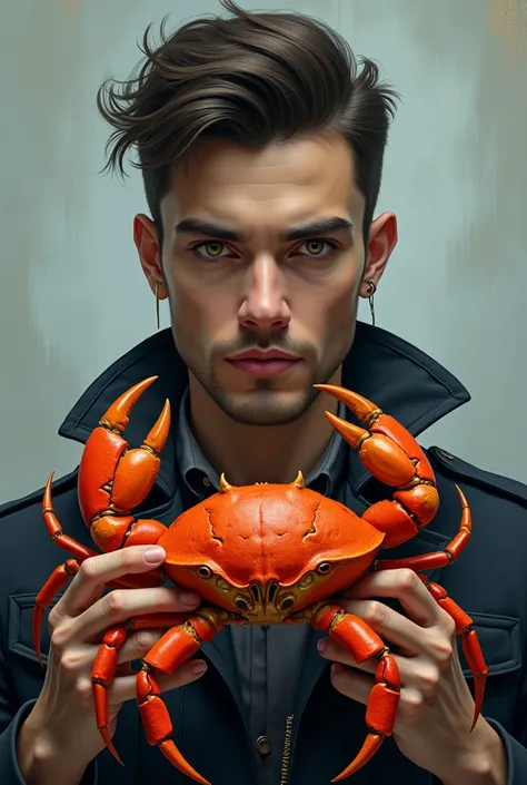 Handsome Cancer man with crab in his hand 