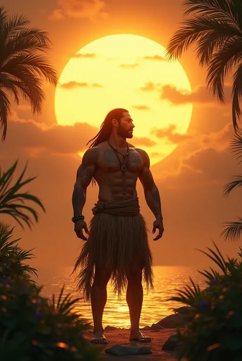 Maui captured the sun, forcing it to slow its journey and grant longer days for his people."
Maui, holding the sun tightly with his magical rope, mythical Polynesian era, glowing sun radiating golden light, tropical landscape with palm trees and distant oc...