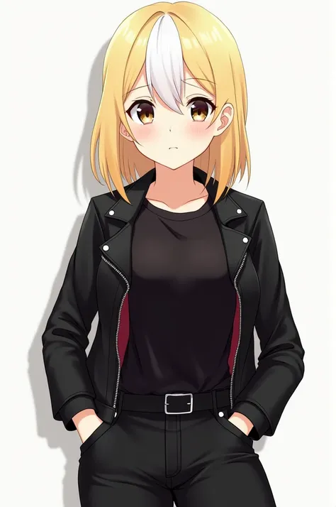  My character blonde hair with a white patch on the fringe part .  The hair length is medium .  She has half-green eyes ,  but wears contact lenses  ( not because she is short-sighted , But by style ).  The lenses have a reddish color .
 Her outfit consist...