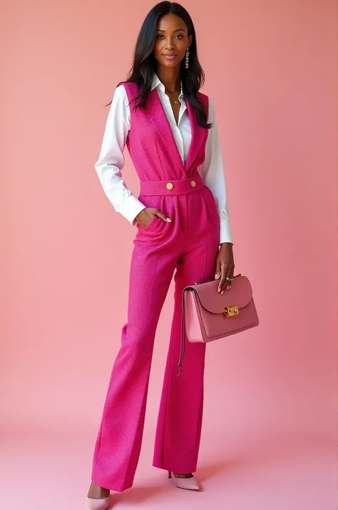 A black woman, 50kg in size wearing a hot pink tweed trousers and vest with an inner white shirt. She has on her blush pink heels and her blush pink clutch accessorized with gold statement earrings and rings