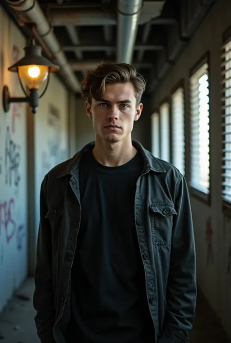 An image of a young man standing in an industrial or underground setting. The background includes a dirty wall with graffiti and rusty pipes. A small lamp with a metal shield shines on the right. In the background, blinds are visible, letting in bright lig...