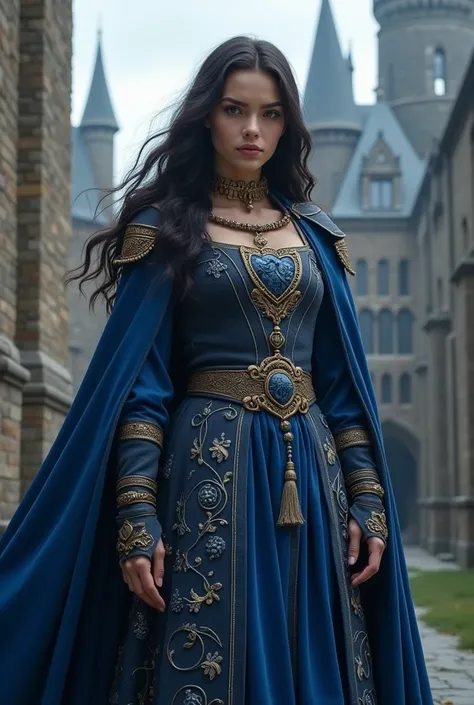  create a short warrior medieval princess, long dark hair, with blue clothes and in the style of the Ravenclaw House.