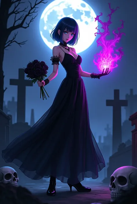 anime,  beautiful woman , Slim body, dark blue short hair ,  bright blue eyes , serious face,  dark shadow around her eyes, black makeup with purple ,  sexy black gothic long boots ,  gothic style black wedding dress,  in her right hand she holds a purple ...