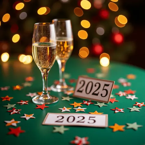 A festive image to celebrate New Year 2025. At the top, it says "RPL Radio wishes you."  in french. Include glasses of champagne and wine, colorful star-shaped confetti, and labels with the numbers 2025 arranged on a green table. Add soft lights and reflec...