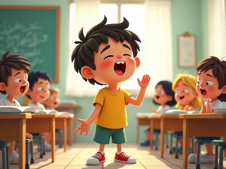 A cartoon image of ren at school singing the Brazilian National Anthem in a natural way