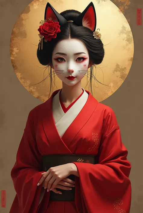  is a woman in a red dress with a cat mask,  digital painting,  inspired by Lee Mei-shu ,  cgsociety contest winner, what is this?, onmyoji, onmyoji detailed art,  A beautiful kitsune woman , onmyoji portrait,  Beautiful character painting ,  classic kabuk...