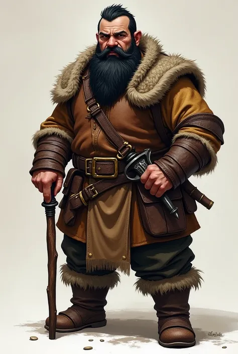  Create for me a dwarf RPG character , This dwarf is bearded ,  and wears a boiled leather suit ,  with boots also in leather ,  the dwarf has black hair at shoulder length ,  carrying a short sword inside the scabbard ,  and holding a wooden stick in one ...